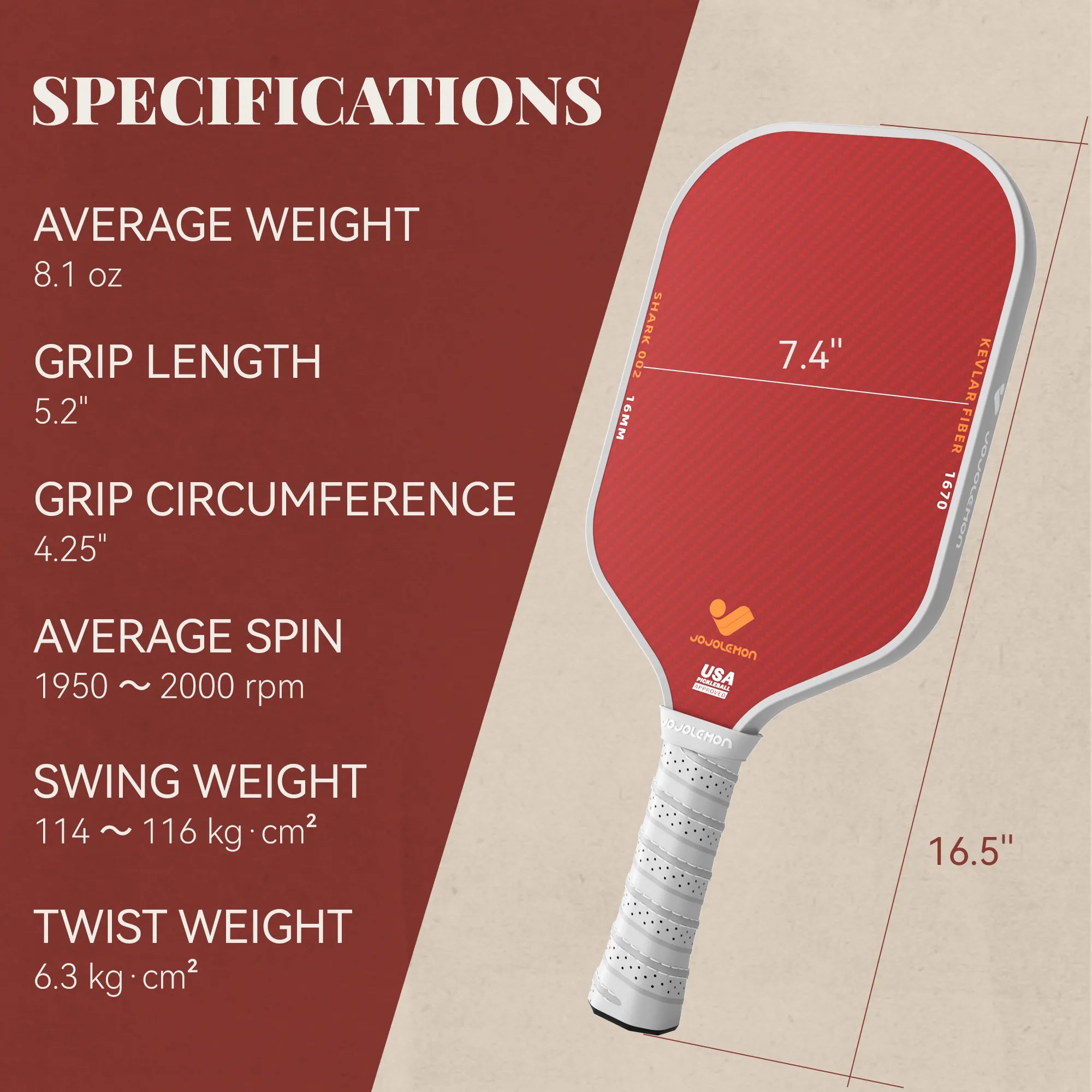 Technical specifications for the JOJOLEMON paddle including weight, grip size, spin rate, and swing weight.