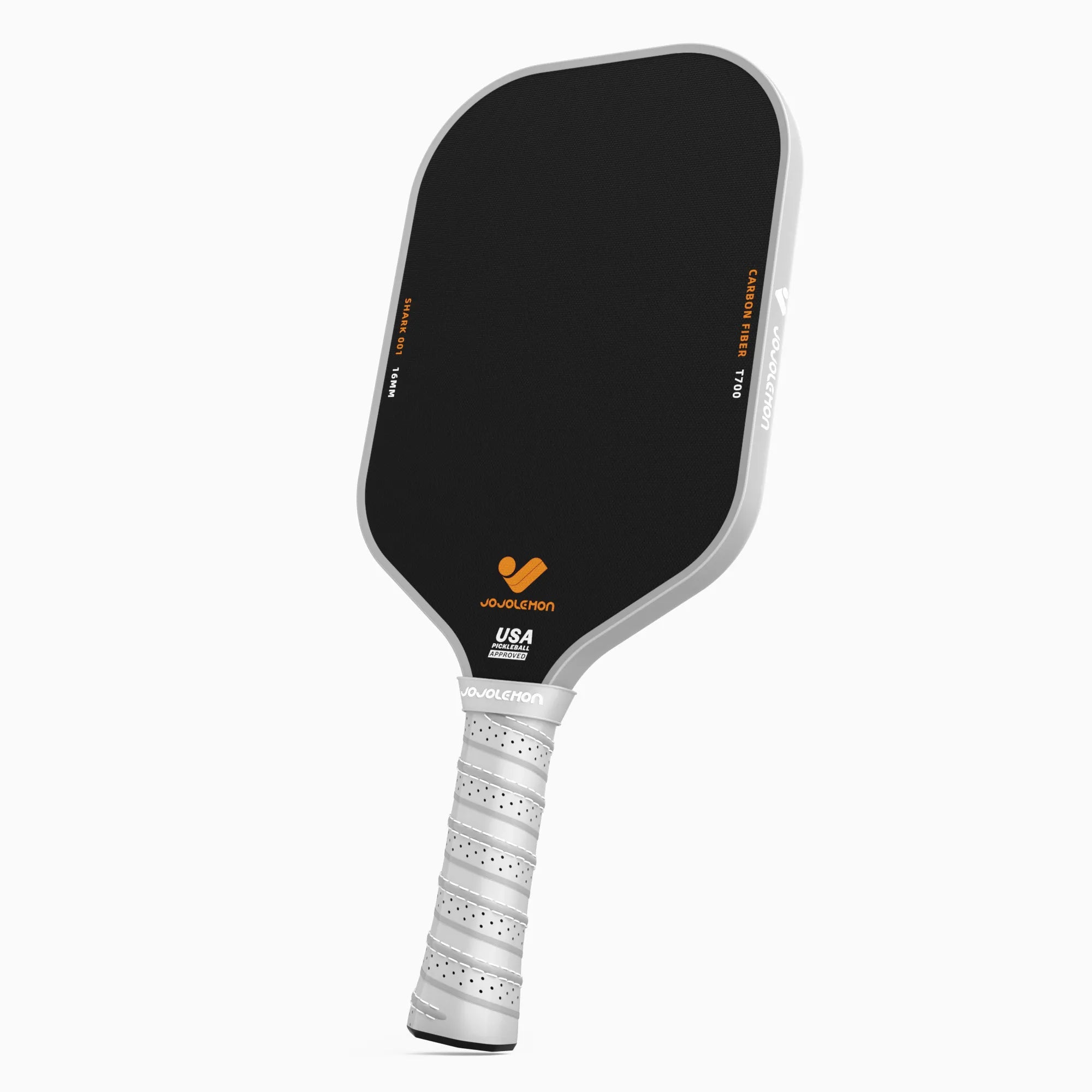 JOJOLEMON Shark-001 carbon fiber paddle - 45-degree angle showing edge guard and textured grip