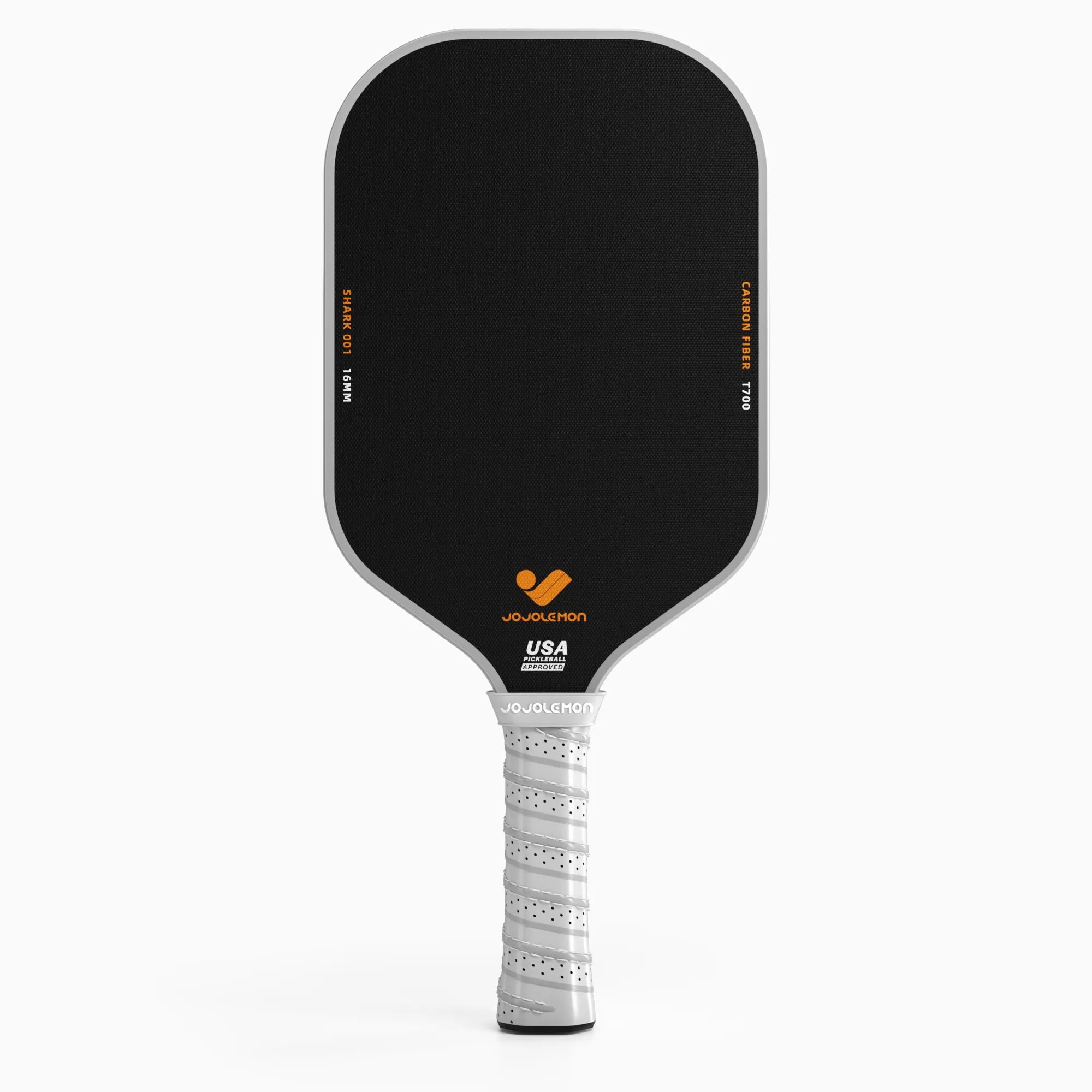 Front view of the JOJOLEMON Shark-001 Carbon Fiber Pickleball Paddle, showing the full face and core design.