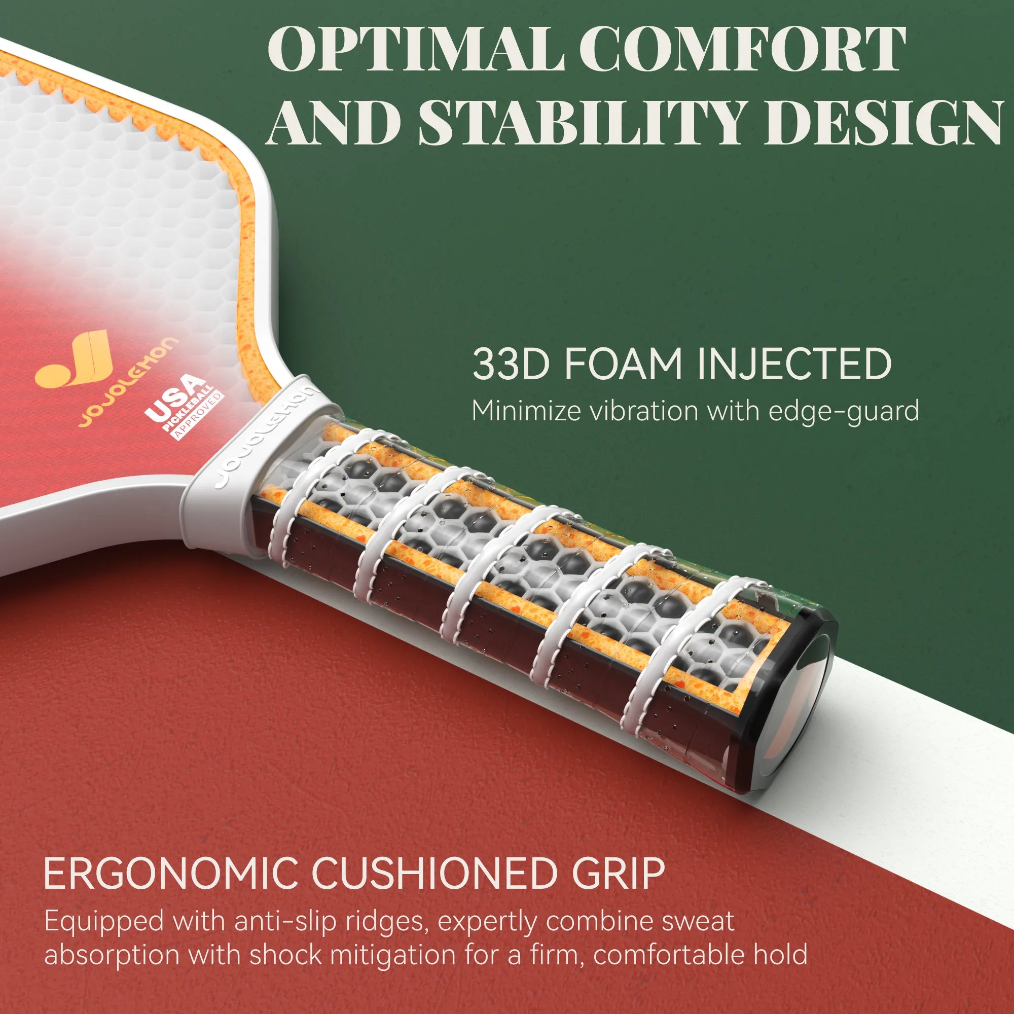 Ergonomic cushioned grip with anti-slip ridges for sweat absorption and shock mitigation on JOJOLEMON paddles.