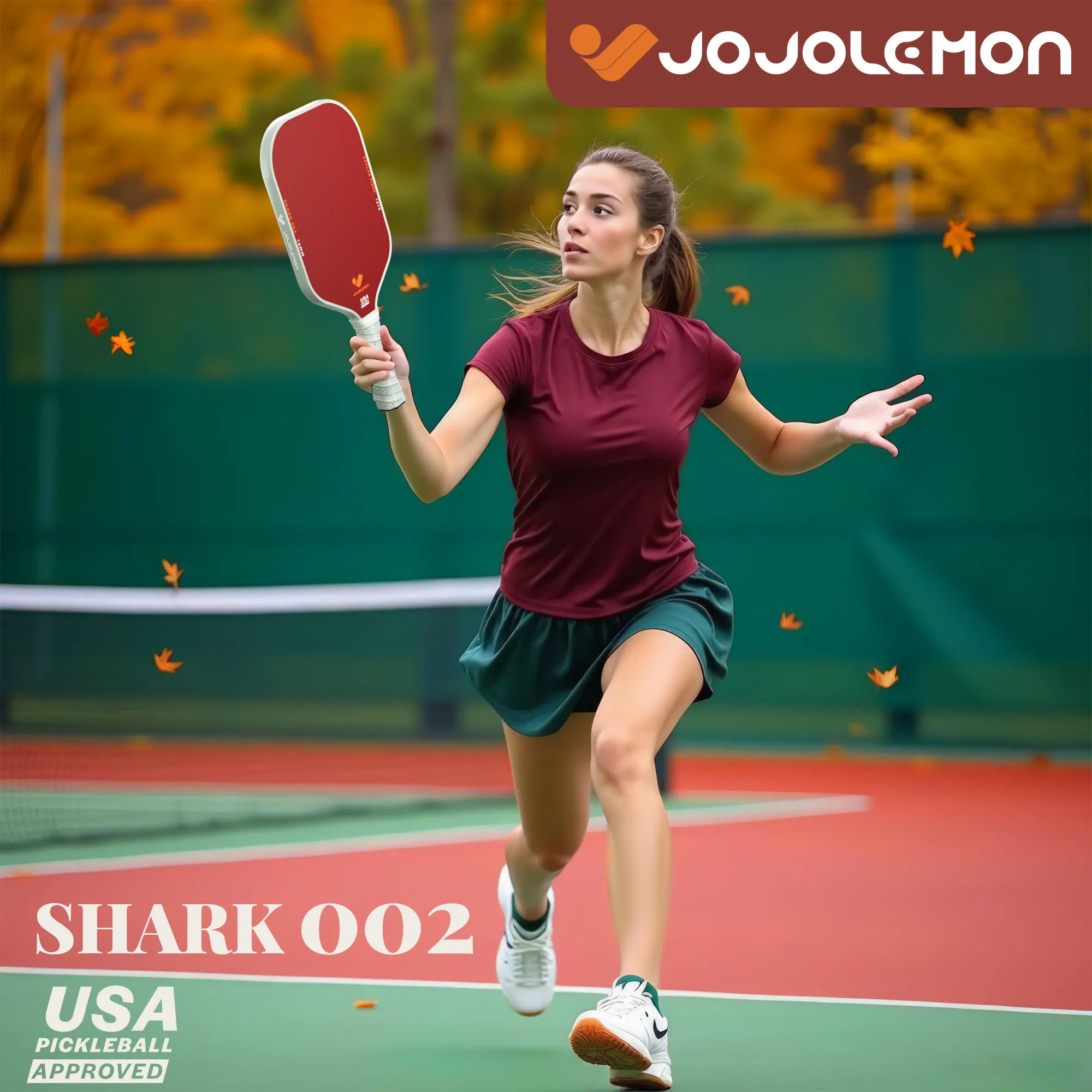 Front view of the JOJOLEMON Shark-002 Kevlar and T700 carbon fiber Pickleball Paddle, showing the full face and core design.