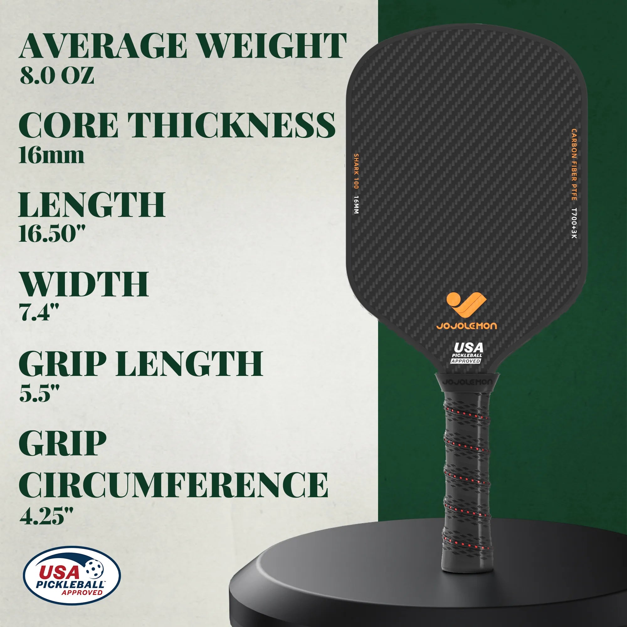 Technical specifications for the JOJOLEMON paddle including weight, grip size, spin rate, and swing weight.