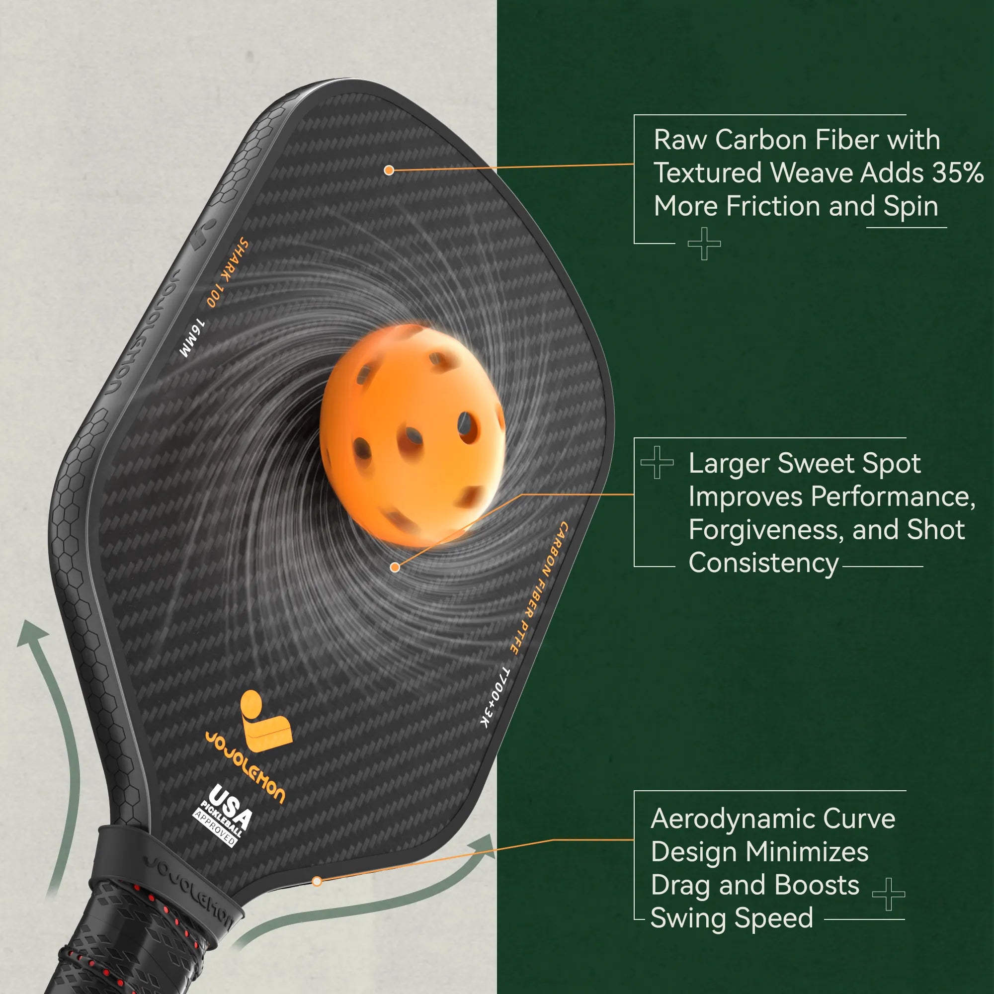 The raw carbon fiber texture on the JOJOLEMON paddle increases spin by 35%, expands the sweet spot, and features an aerodynamic curve for faster swings.