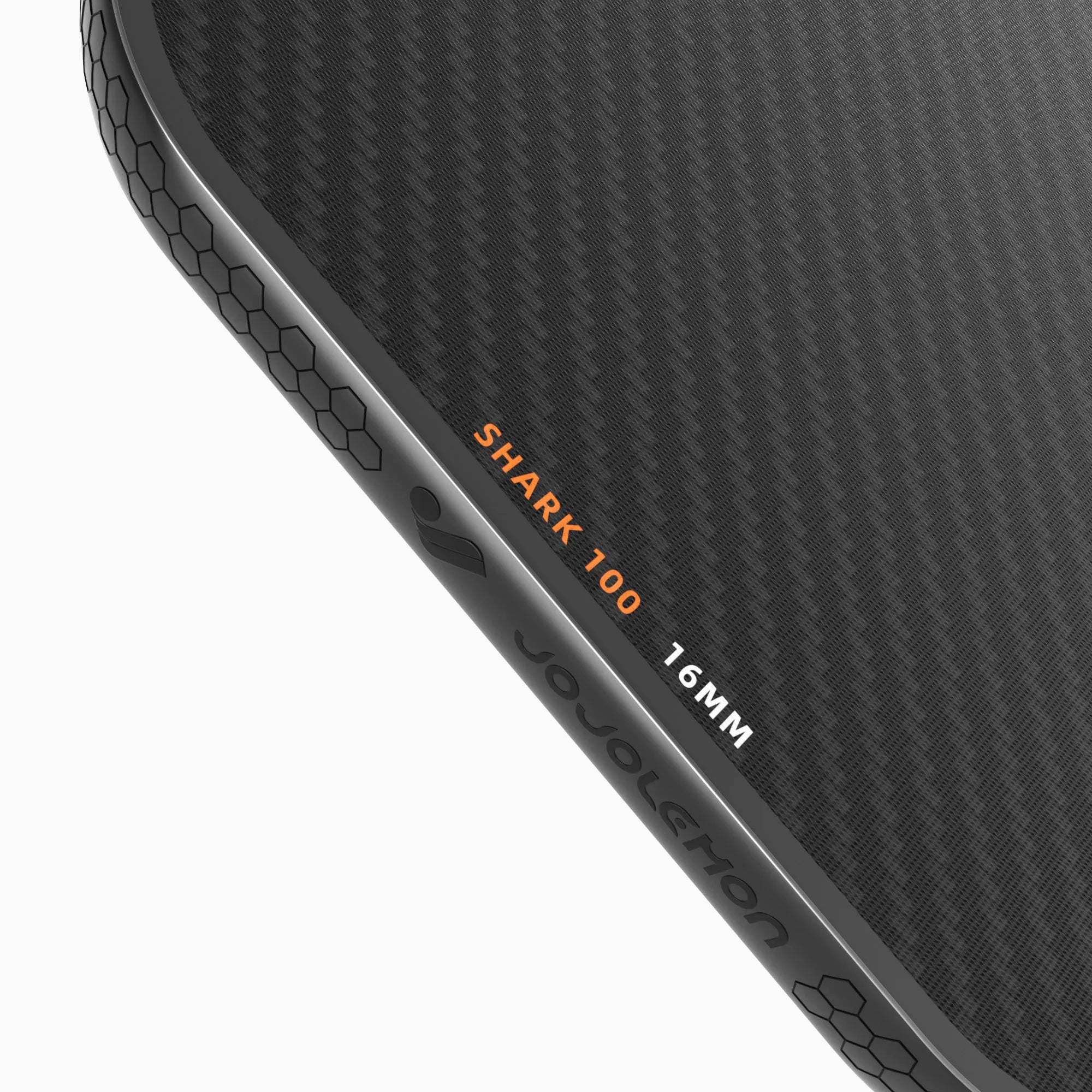 Close-up of the durable edge guard on the JOJOLEMON Shark-100 paddle, preventing damage from court strikes.
