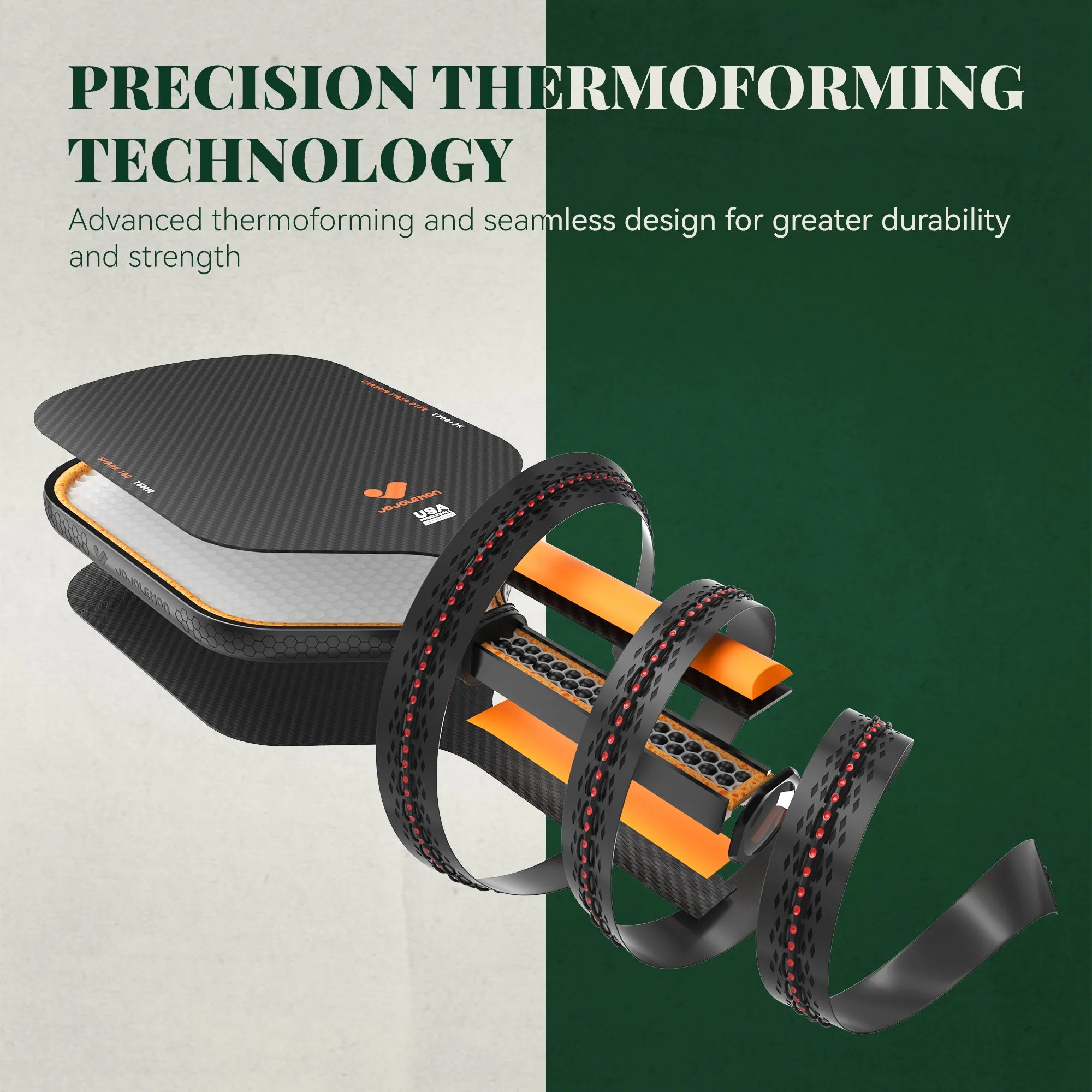 Thermoformed Unibody Construction of the JOJOLEMON paddle for maximum power and long-lasting stability.
