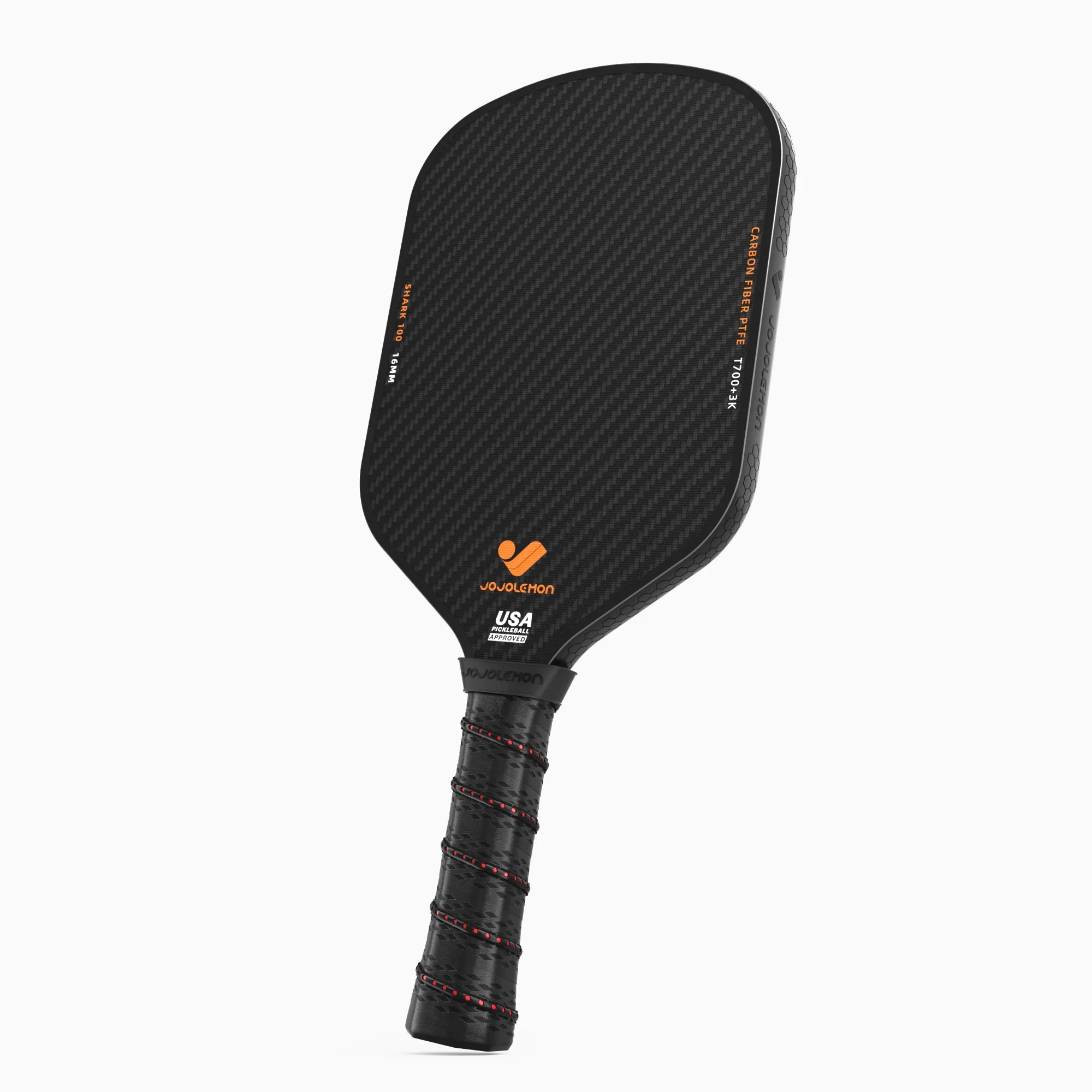 JOJOLEMON Shark-100 carbon fiber paddle - 45-degree angle showing edge guard and textured grip