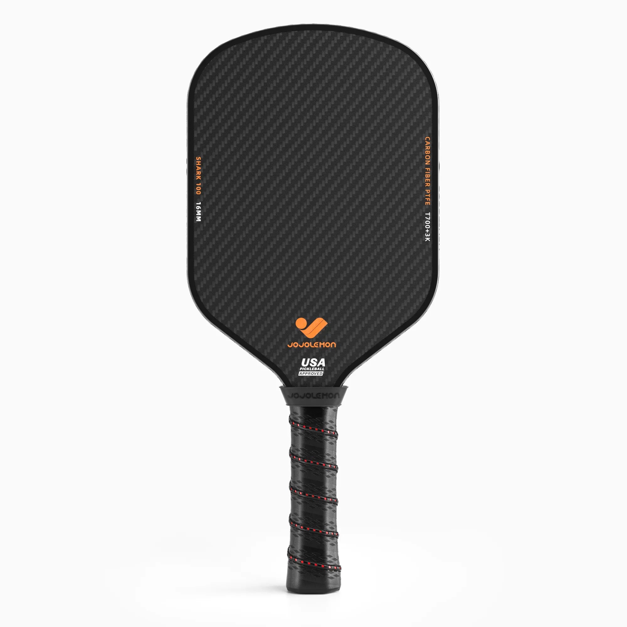 Front view of the JOJOLEMON Shark-100 3k raw t700 carbon fiber Pickleball Paddle, showing the full face and core design.