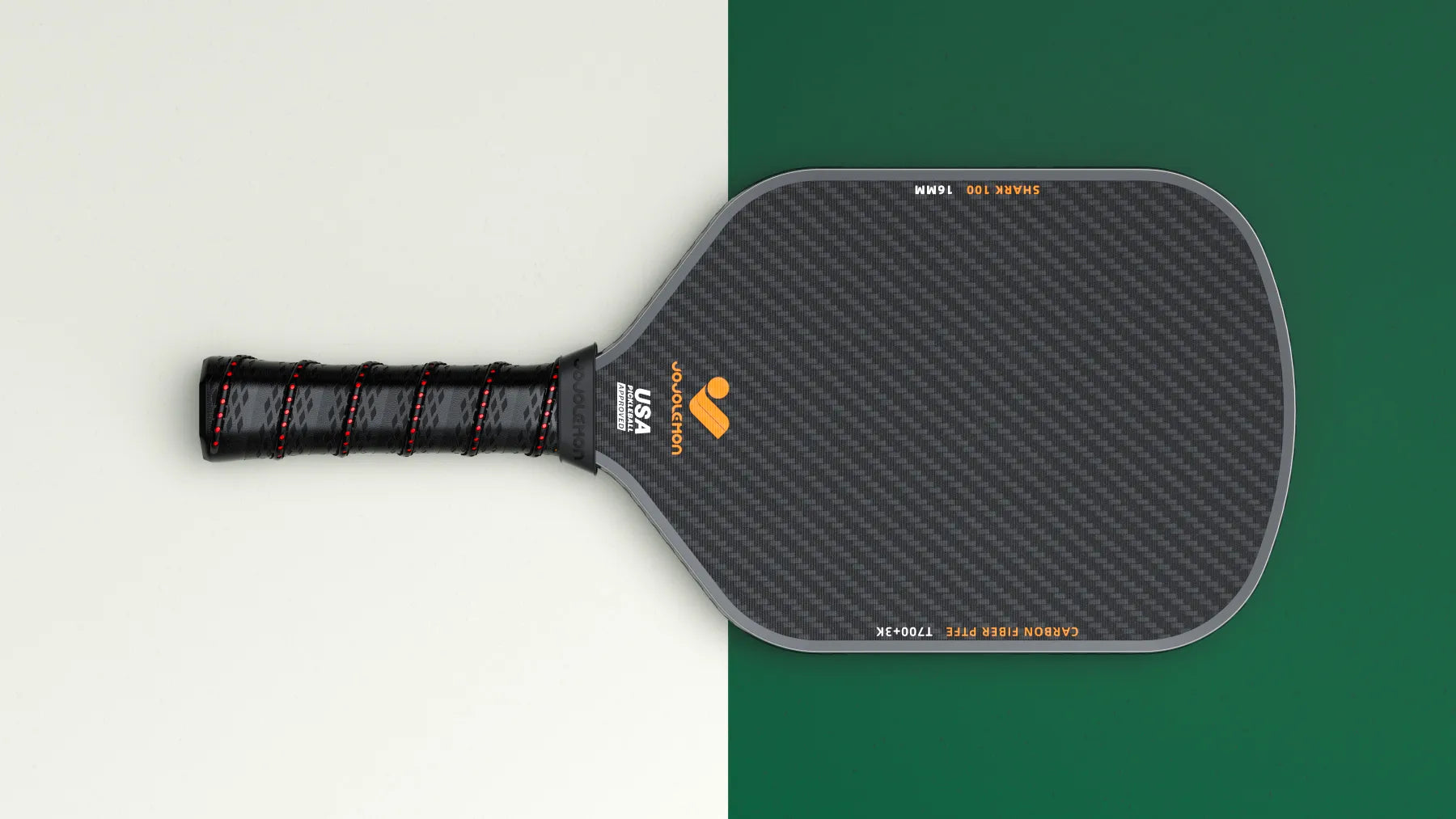 External view of the JOJOLEMON Shark-100 pickleball paddle, showing the carbon fiber surface and overall design