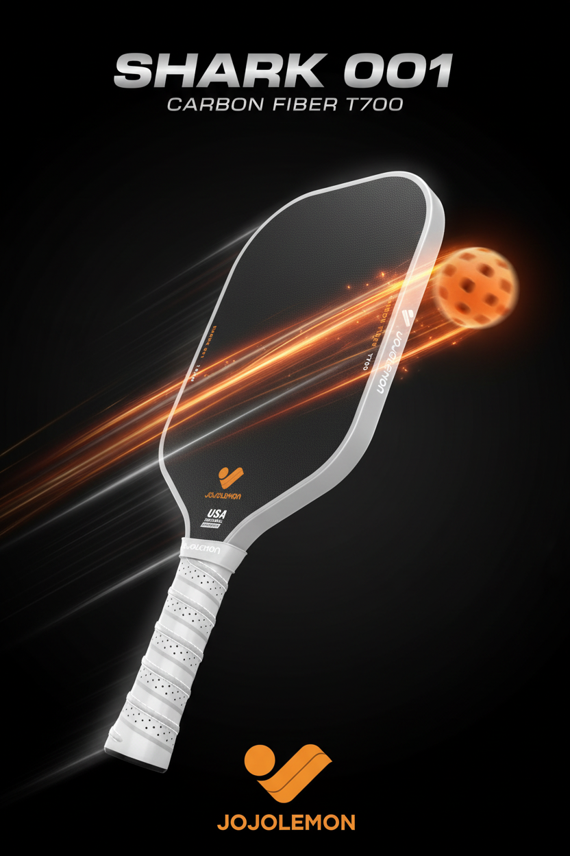 JOJOLEMON Shark 001 carbon fiber pickleball paddle close-up showing T700SC surface texture and premium build for spin control