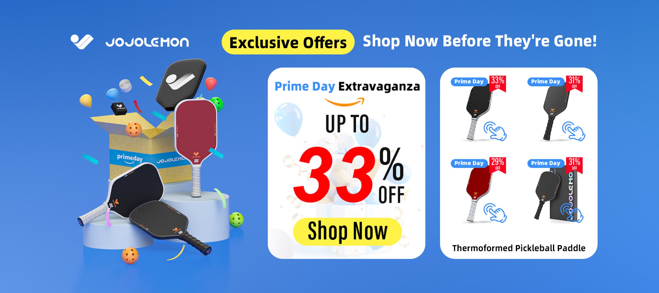 Jojolemon promotional banner with Pickleball paddles and Prime Day offer on a blue background