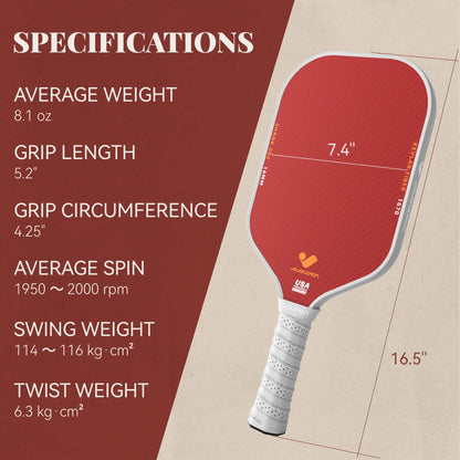 Technical specifications for the JOJOLEMON paddle including weight, grip size, spin rate, and swing weight.
