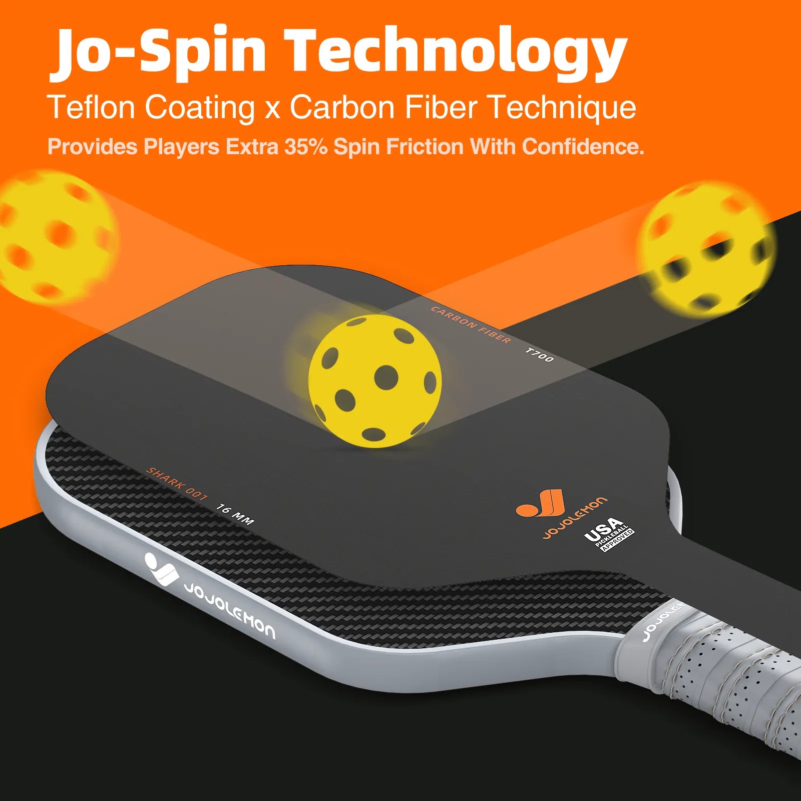 Teflon-coated carbon fiber face on JOJOLEMON paddle for up to 35% increased spin and superior ball control.