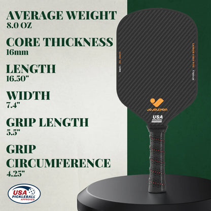 Technical specifications for the JOJOLEMON paddle including weight, grip size, spin rate, and swing weight.